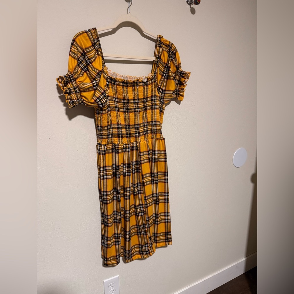 Yellow Plaid Dress with Puff Sleeves